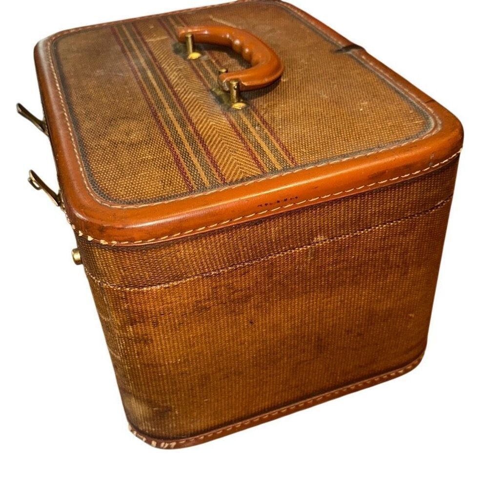 VTG MCM WOODEN, tweed, textured train case w mirror Hard Shell Train/Cosmetic/Ma - Picture 3 of 9
